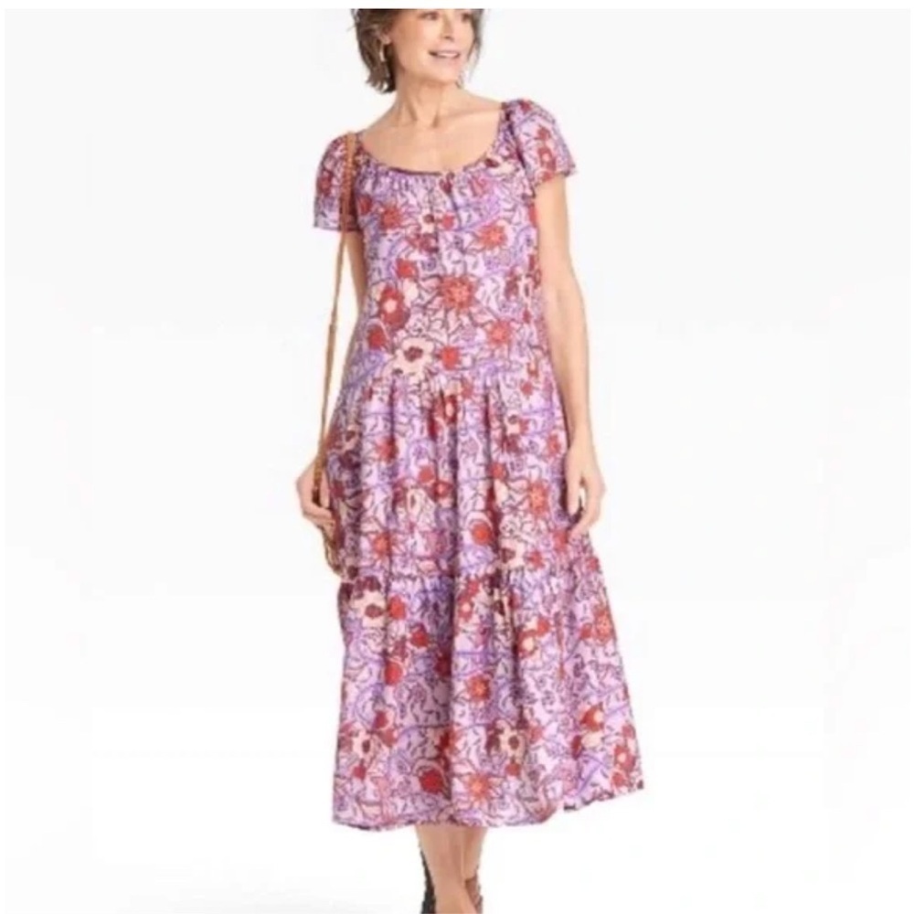 Knox Rose Purple Haze‎ Floral Maxi Dress Drop Waist Cottagecore Size Large Boho
